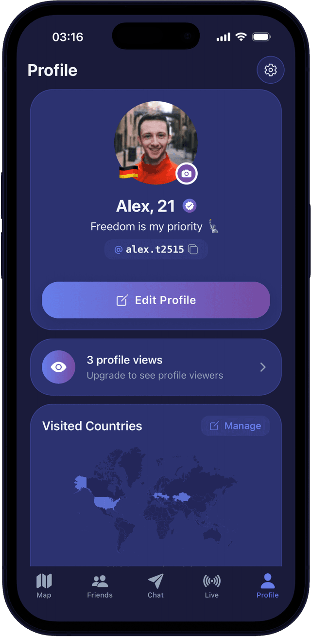 Era traveler profile — interests, countries visited and verification